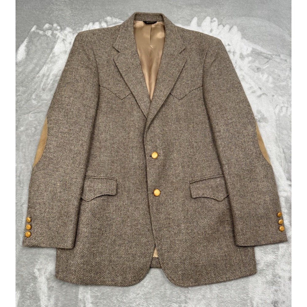 Vintage 70s Western Blazer Mens 42 Brown Herringbone Tweed Wool Yoke Sport Coat